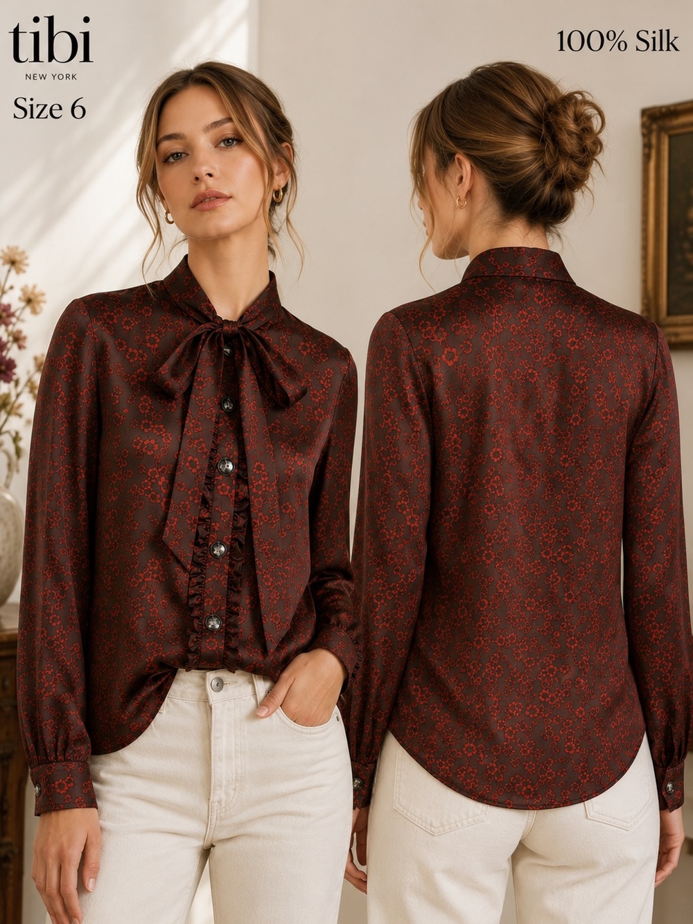 TIBI blouse  Womens 6 silk Floral Tie Neck Ruffle Romantic Dark Academia office